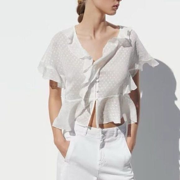 ZARA RUFFLED V NECK BLOUSE - Picture 3 of 6